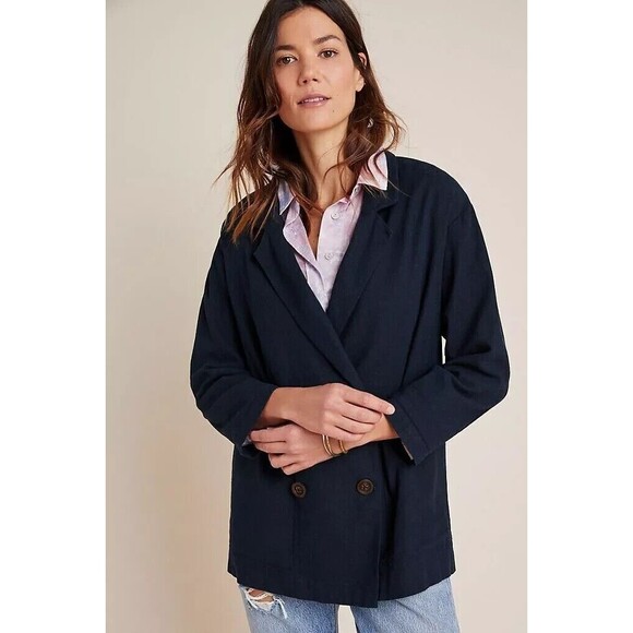 Anthropologie‎ Amadi Blazer Jacket Small Navy Blue Kayne Double Breasted Linen - Picture 1 of 10